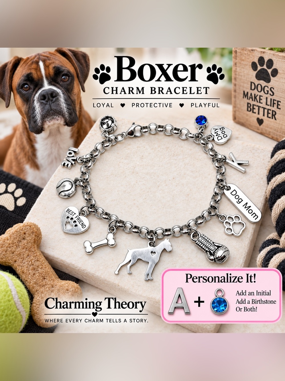 Boxer Dog Charm Bracelet | Boxer Mom Gift | Dog Lover Jewelry